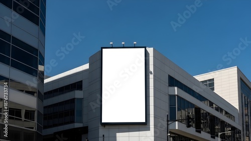 Vertical blank white billboard mounted prominently on the modern white exterior facade of a corporate office building against a clear bright blue sky backdrop.