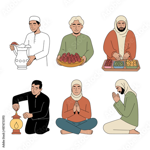 Muslim Lifestyle Illustration: A collection of illustrations depicting various aspects of Muslim lifestyle, including fasting, prayer, and acts of charity.