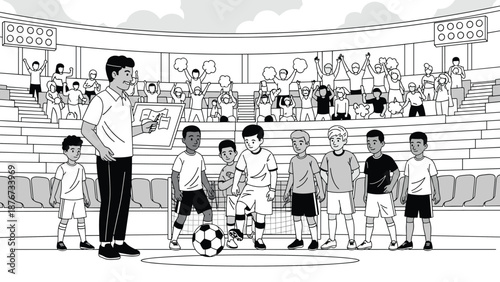 Soccer coach stands with his young players on the pitch while showing a tactical plan on a board in a crowded stadium in grayscale.