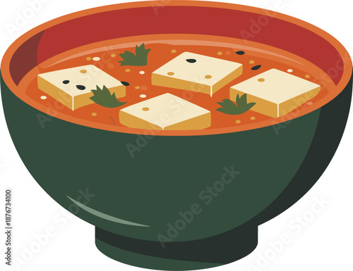 Japanese miso soup bowl vector illustration, traditional fermented soybean broth with tofu and seaweed