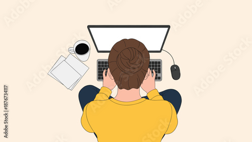 Top-down view shows a person typing on a computer keyboard at a clean desk with a cup of black coffee and white paper notes.