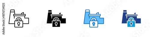 Locked Industry Multiple Style Icon Design Vector - Factory building with padlock symbol, representing industrial security, restricted access, and operational lockdown