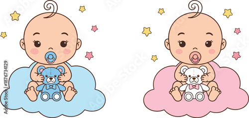Cute baby boy and girl sitting on clouds holding teddy bears flat vector illustration for nursery design