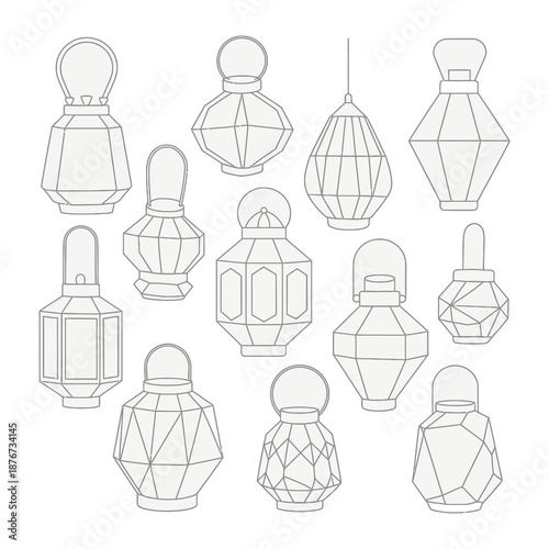 Intricate Lamp Collection: An exquisite collection of geometric lamps, rendered in a minimalist line art style, showcasing diverse shapes and designs with detailed linework.