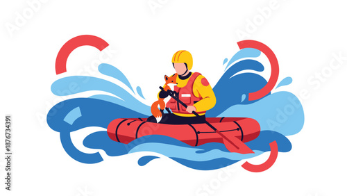 Brave emergency responder in a red inflatable raft rescues a fox from a powerful ocean wave during a flood or storm.