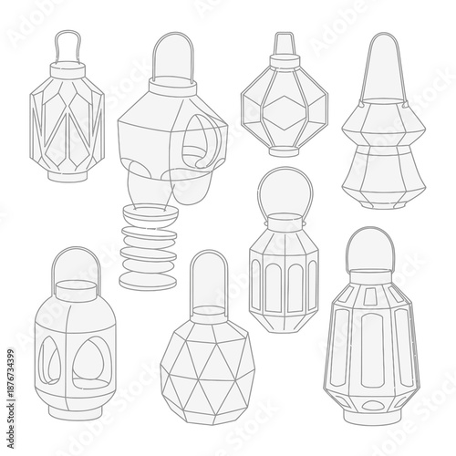 Lanterns collection:A meticulously crafted illustration showcasing a captivating array of lanterns with unique designs, each emanating a distinct aesthetic charm and allure. 