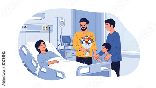 Loving family including two men and a small child visit a woman recovering in a modern hospital room with flowers.