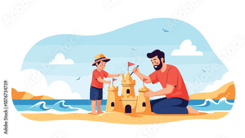 Happy father and young son spend quality time together building a large sandcastle on a beautiful tropical beach shore.
