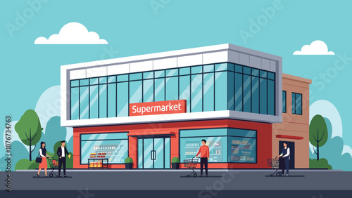 Modern supermarket building features a glass facade and red accents with people and shopping carts moving along the sidewalk outside.