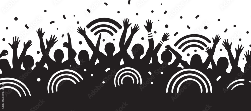 Fototapeta premium Silhouette of joyful crowd celebrating with raised hands together