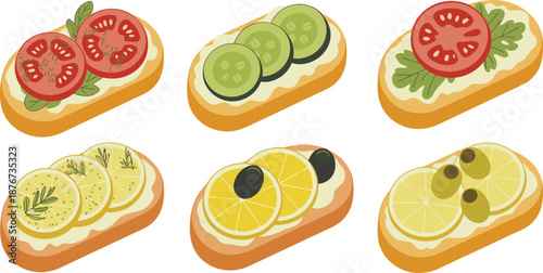Gourmet bruschetta vector set, colorful Italian crostini with tomato cucumber lemon and olive toppings