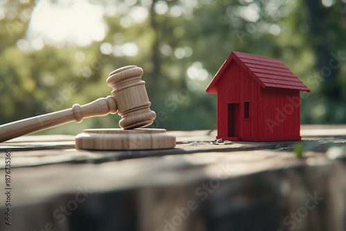 Gavel and small house model on a wooden surface outdoors.