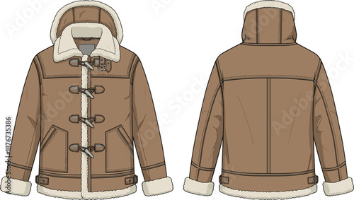 Winter jacket CAD drawing, flat vector illustration, technical line art shearling coat front and back views, hooded toggle jacket fashion design isolated on white background