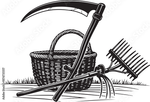 Vintage farming tools and wicker basket on grassy field