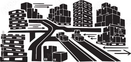 Cityscape with roads and buildings in black and white