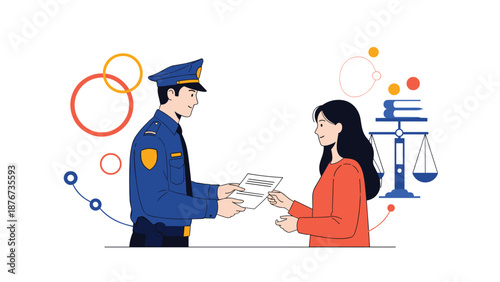 Uniformed police officer hands an official document to a woman against a background of legal symbols and scales of justice.