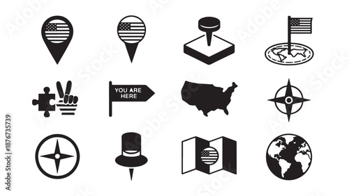 USA travel and navigation vector icon set featuring map pins with flags, compasses, globes, and "you are here" signs for American tourism and geography projects