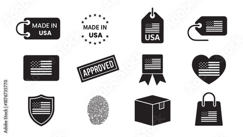 Made in USA commerce vector icon set featuring price tags, shopping bags, shipping boxes, and approved stamps for American retail and manufacturing marketing.