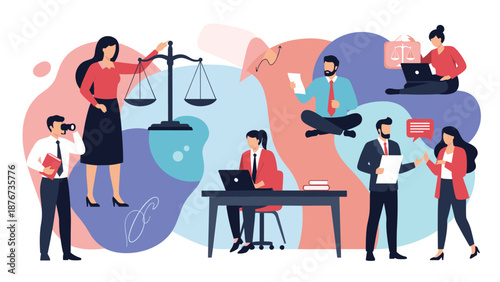 Group of law professionals and clients engage in various legal activities including research, consultations, and weighing evidence.