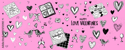 Trendy hand drawn doodle sketches of love and whimsical and eccentric symbols of coquettish amore, heart figure motifs, playful bows, love birds, glasses of sparkling wine, champagne, boxes of chocola