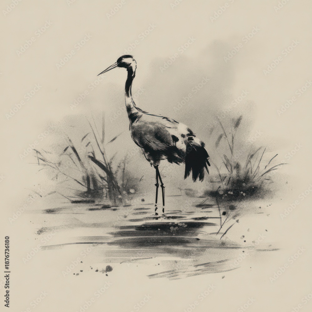 Fototapeta premium Monochrome crane illustration standing in water with tall grasses, serene scene