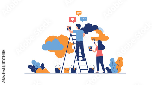 Creative team of two uses ladders and paint to create a large mural featuring clouds and social media symbols on a wall.