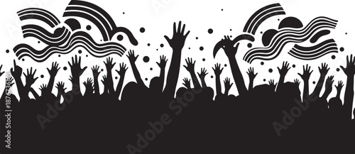 Crowd of people with raised hands in celebration silhouette
