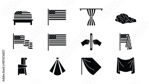 American ceremonial drapery vector icon set featuring flag-draped caskets, bunting, curtains, and folded fabrics for official government and memorial events.