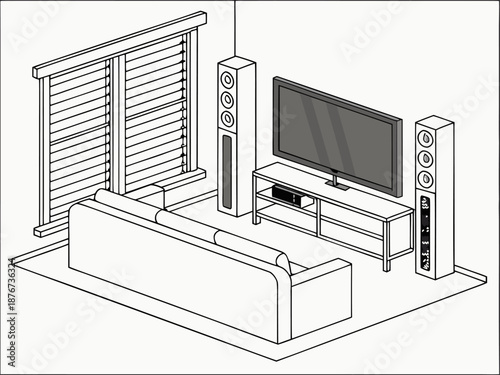 Isometric illustration of home theater acoustic foam panels, showing their ideal positioning to improve sound clarity and reduce noise.