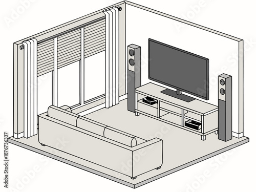 Isometric design of acoustic foam panels for home theaters, showing their arrangement for effective soundproofing in a sleek 3D render.