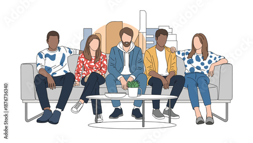 Group of five diverse young friends sit together on a modern sofa in a living room while enjoying casual conversation.