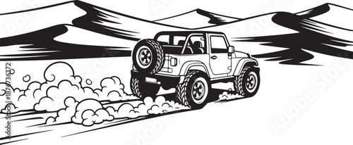 Off-road Jeep driving through desert sand in black and white