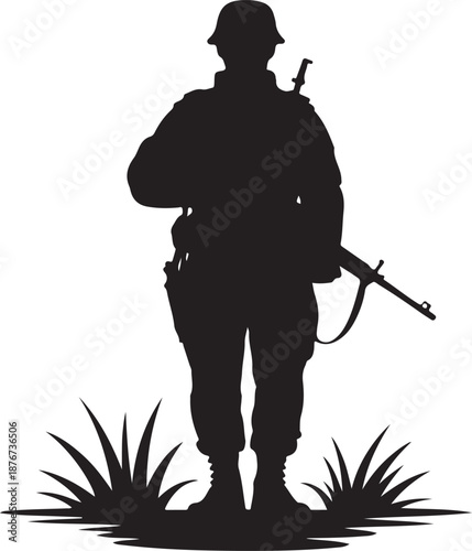 Soldier silhouette with rifle, standing in grass, military veteran commemoration day