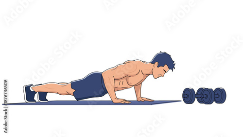 Athletic man performs push-ups on a blue yoga mat as part of his strength training workout next to heavy dumbbells.