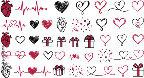 Heart Icons Set with Anatomical Hearts, Heartbeat EKG Lines, Hand Drawn Doodles and Gift Boxes
