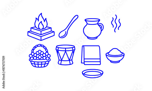 Traditional hindu puja ritual elements collection in blue outline icon style