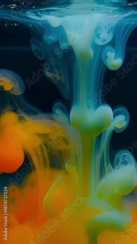 Abstract macro view of red and orange ink dropping into water creating swirling smoke patterns and colorful fluid dynamics