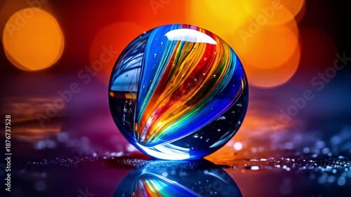 Colorful glass orb with abstract interior and bokeh background