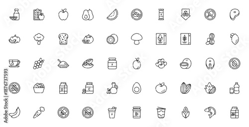 Nutrition icon set. Healthy food vector icons. Includes orange juice, apple, avocado, watermelon, broccoli, lemon, fish, milk, yogurt and more. Editable stroke.