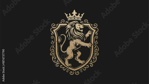 Royal Lion Emblem Crest with Crown and Ornate Shield.