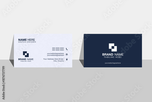Minimalist business card design template with modern layout, darkblue and white elements, clean composition. Editable professional business card, visiting card, corporate branding template.