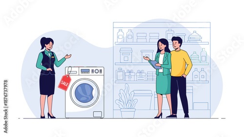 Helpful salesperson in a green uniform demonstrates a modern washing machine to a young couple in a retail store.