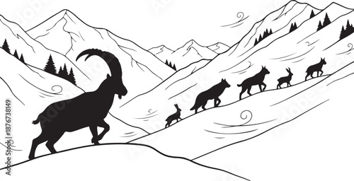 Goats climbing a snowy mountain range in a line