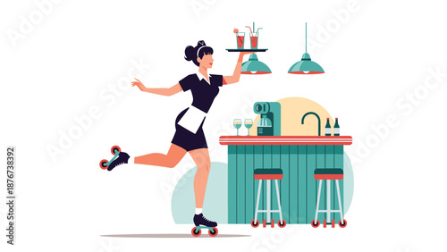 Energetic waitress wearing a uniform and roller skates while serving drinks on a tray in a retro style diner setting.