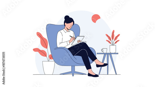 Creative young woman sitting comfortably in an armchair while using a digital tablet and stylus to draw or take notes at home.