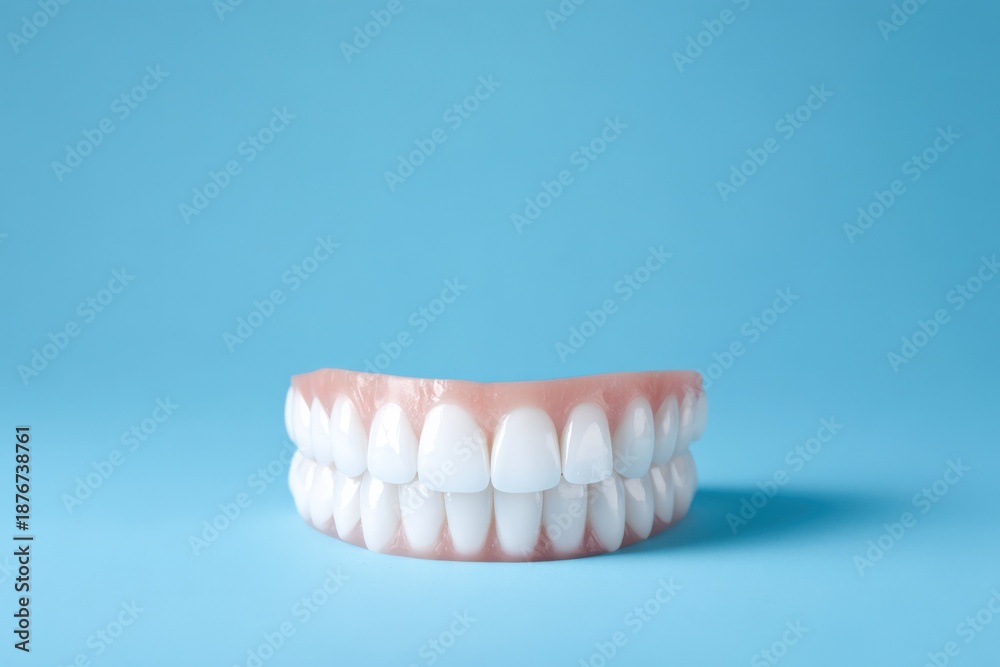 Obraz premium Realistic denture set against blue background for dental care representation