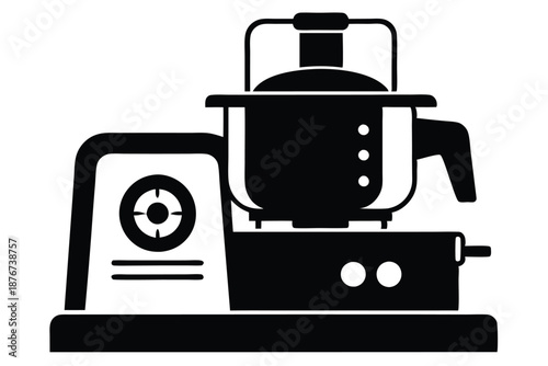 Minimalist black and white silhouette of a food processor on a white background, clean vector graphic for kitchen appliances.