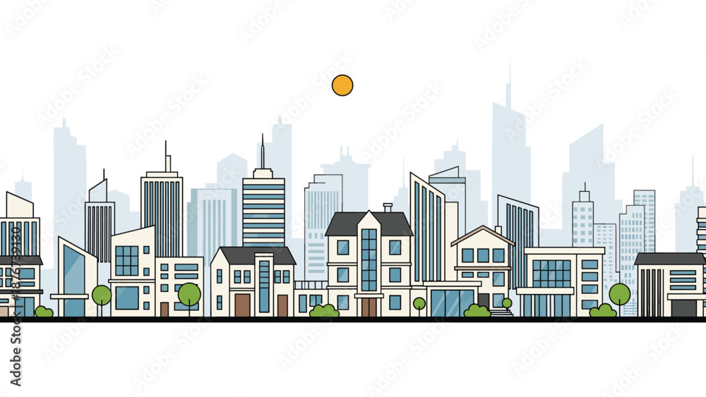 Fototapeta premium Linear cityscape illustration showing various modern buildings and houses under a sun to represent a developed urban environment.
