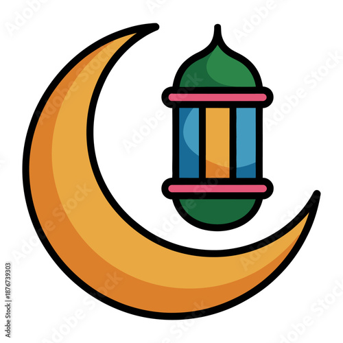 Crescent Moon and Lantern Icon: A vibrant illustration showcasing a golden crescent moon, gently cradling a colorful lantern, a symbol of serenity and celebration.