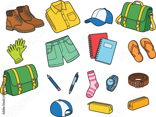 Cartoon travel and school items set, backpack, boots, shirt, shorts, cap, watch, stationery, kids vector illustration, colorful accessories
